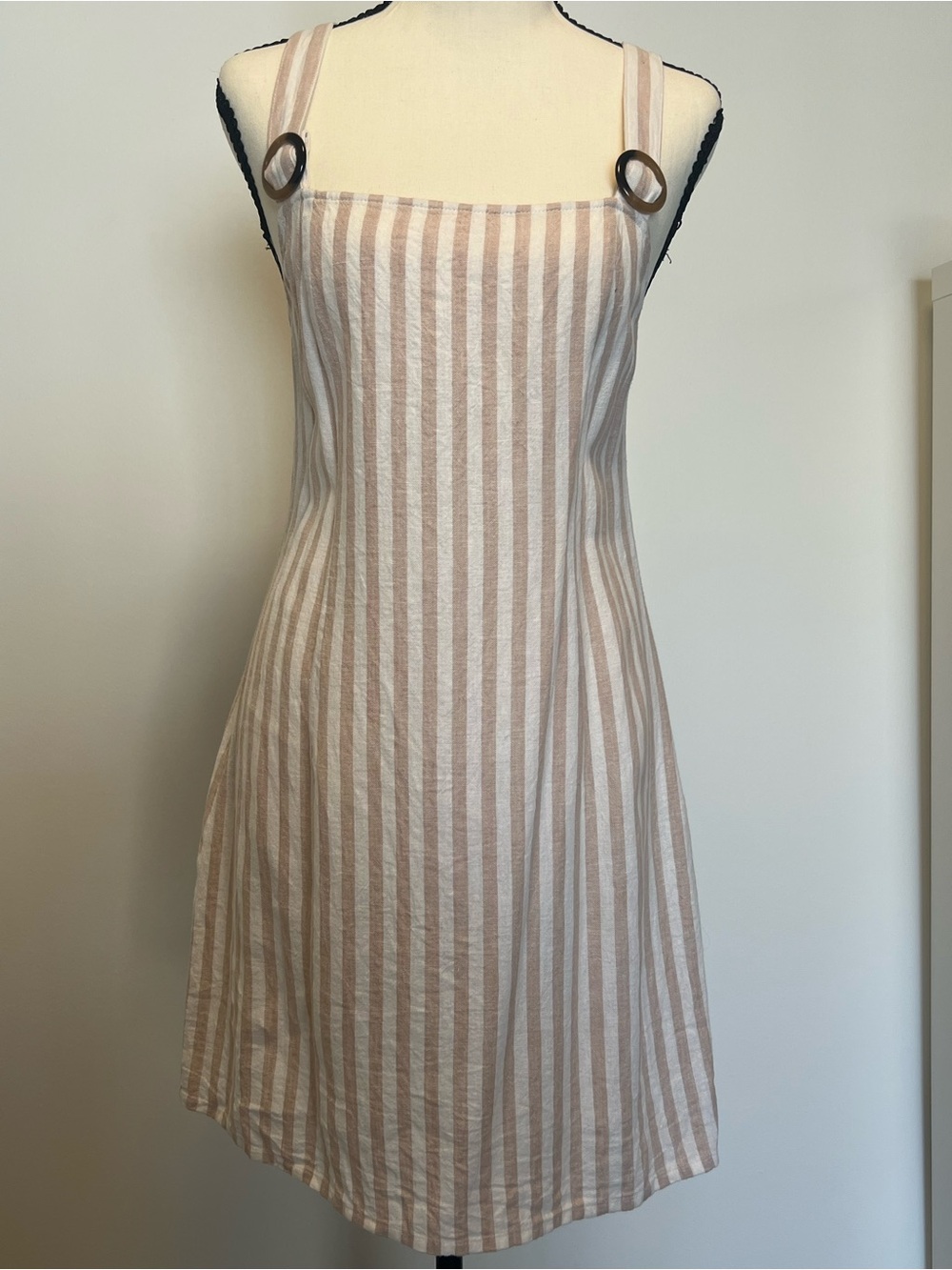 Tan White Striped O-Ring Strap Mini Dress Size 10